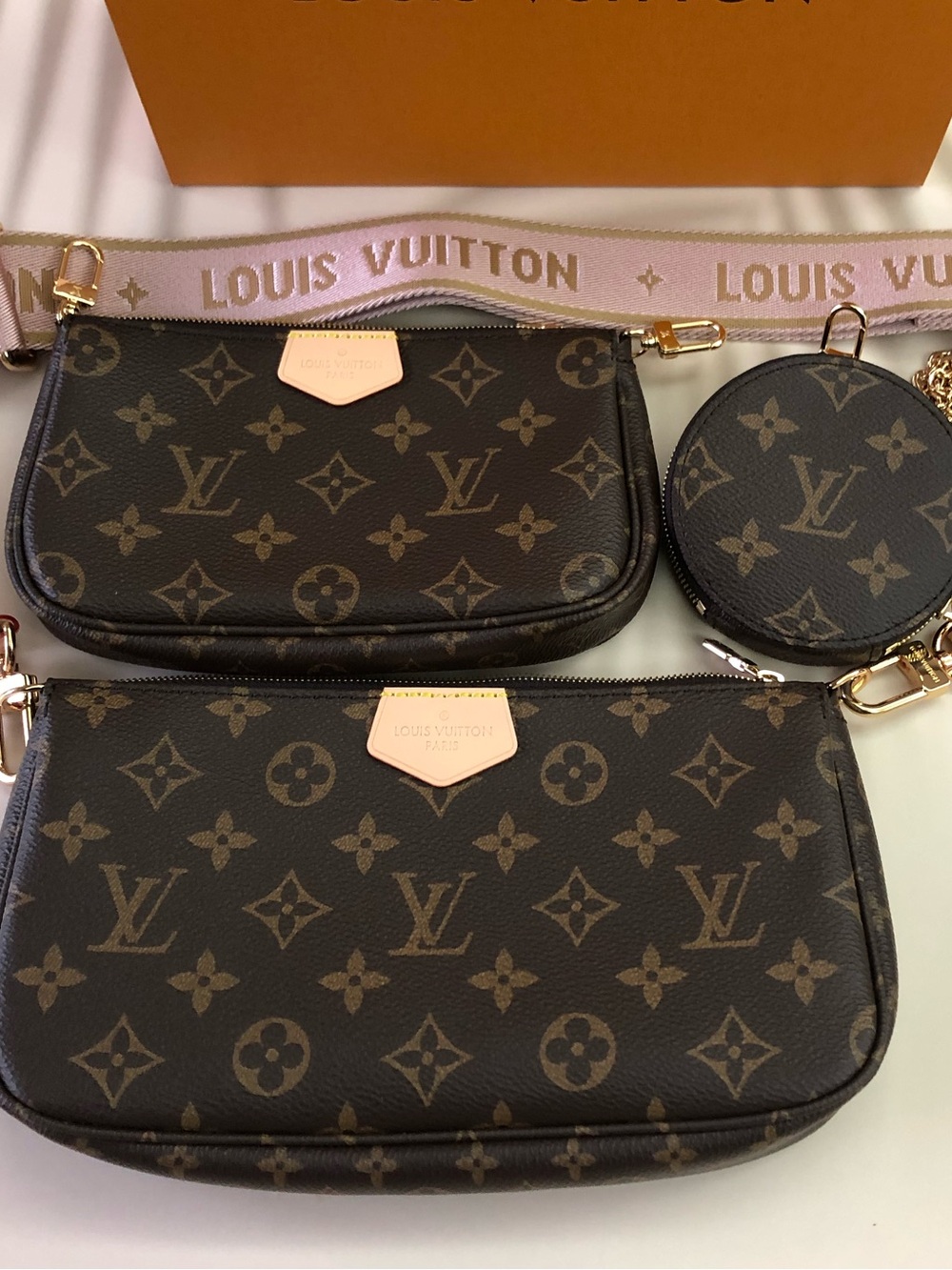 Louis Vuitton Monogram Multi Pochette Crossbody in Brown with Pink Strap